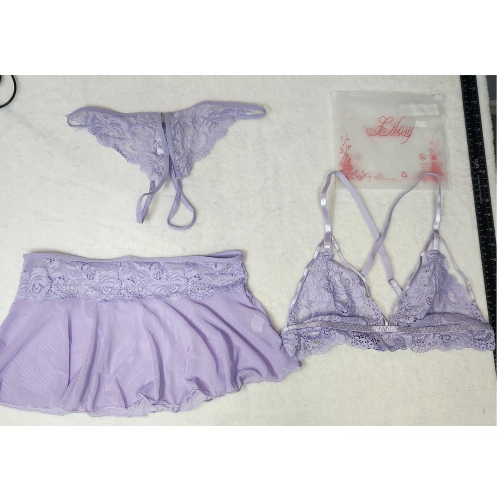 Lilosy Lavender Lace Lingerie Set Bralette G-String Mesh Mini Skirt 3pc Purple